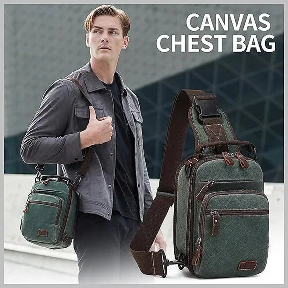 Sling Bag for Men Waxed Canvas Crossbody Bag Chest Bag Water Green
